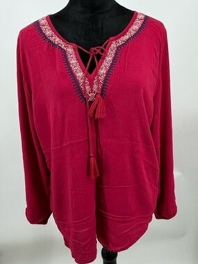 GAP Fuchsia Embroidered Tie-Neck Peasant Tunic